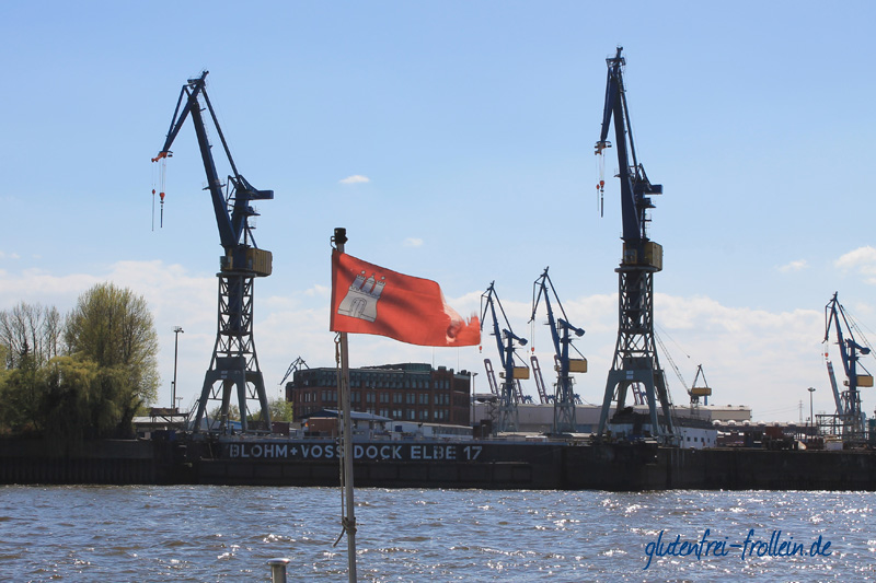 Hafenkräne mit Hamburger Fahne